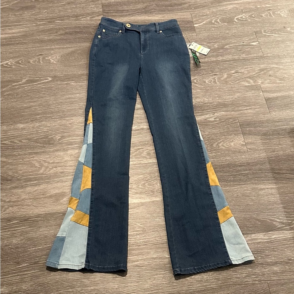 INC International Concepts Blue Flare Jeans with Patchwork